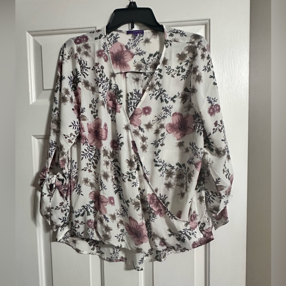 West Kei Cream and Pink Wrap Blouse with  3/4 Sleeves